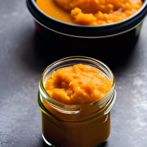 Carrot and sweet potato mash in jar and bowl