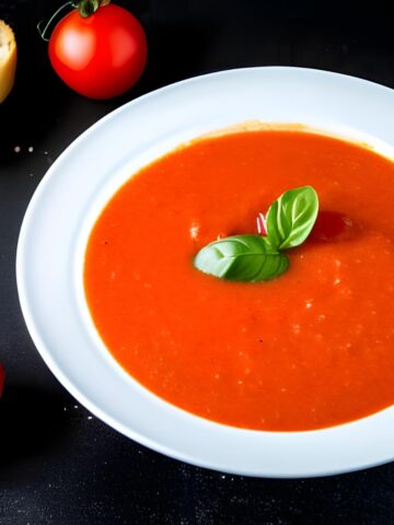 Homemade tomato soup on a dark background with crispy bread