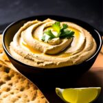 Bowl of hummus with pita chips on a dark background
