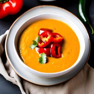 Roasted red pepper soup on a dark background
