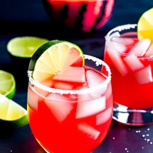 2 sweet summer watermelon margaritas on a dark background with cut limes