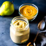Pear baby food puree in a jar, on a dark background