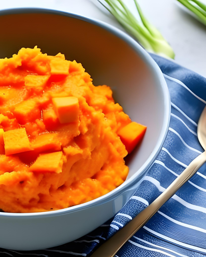 Carrot and sweet potato mash for baby on blue cloth