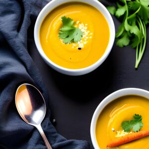 Carrot and ginger soup on a dark background with a blue napkin