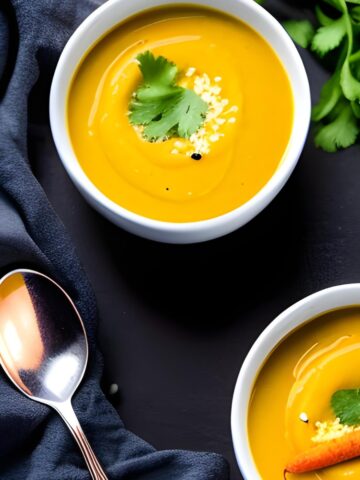 Carrot and ginger soup on a dark background with a blue napkin