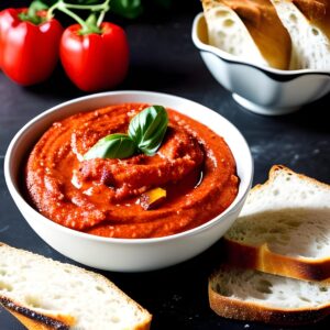 Roasted red pepper dip with crusty bread.