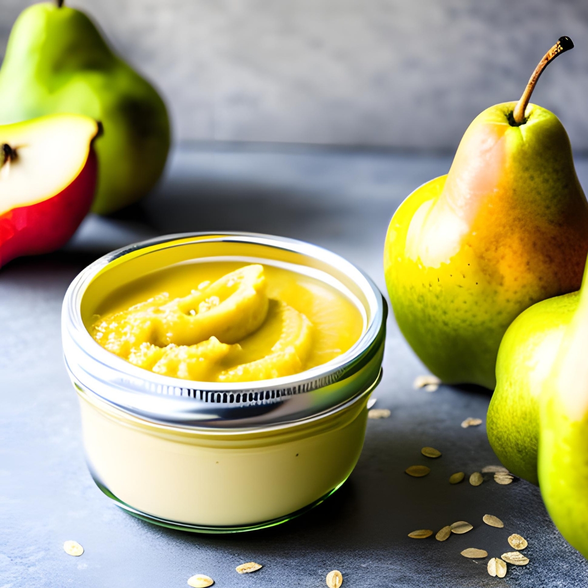 Small jar of pear and oatmeal puree with pears and cut apples