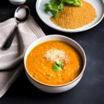 Red lentil soup on a dark background, with a grey napkin