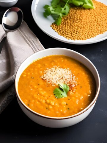 Red lentil soup on a dark background, with a grey napkin